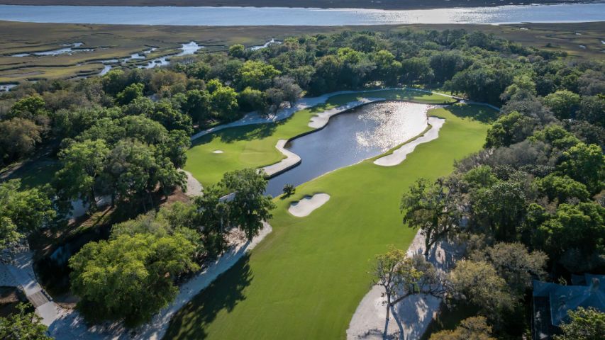 Aerial view of an Omni Amelia Island golf course and marshland.